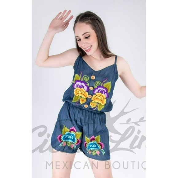 Mexican Denim Romper with Floral Multicolor Embroidery - Picture 6 of 6